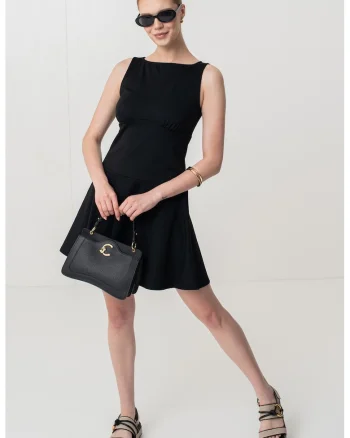 Rochie mini evazata cu decolteu barcuta, Negru