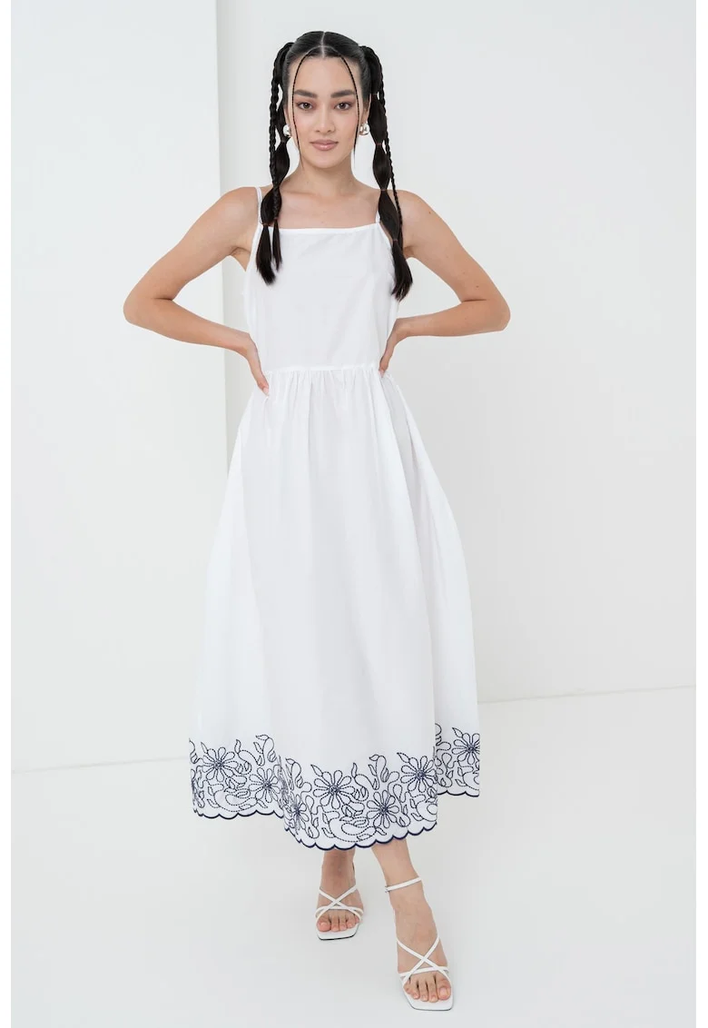 Rochie de bumbac cu broderie florala, Alb optic/Bleumarin