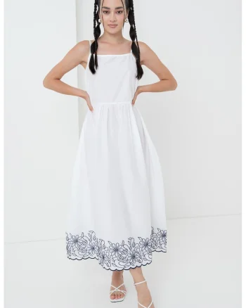 Rochie de bumbac cu broderie florala, Alb optic/Bleumarin