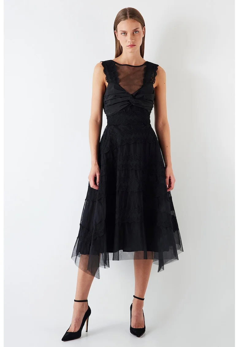 Rochie midi cu insertii din tul, Negru