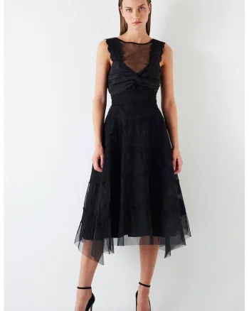 Rochie midi cu insertii din tul, Negru