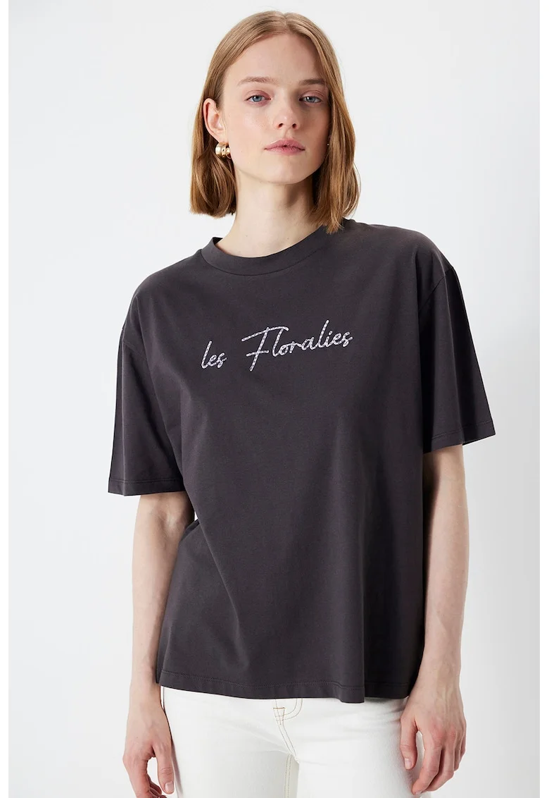 Tricou lejer din bumbac cu imprimeu text, Gri antracit