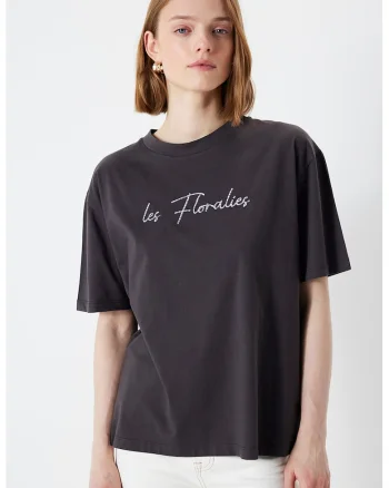 Tricou lejer din bumbac cu imprimeu text, Gri antracit