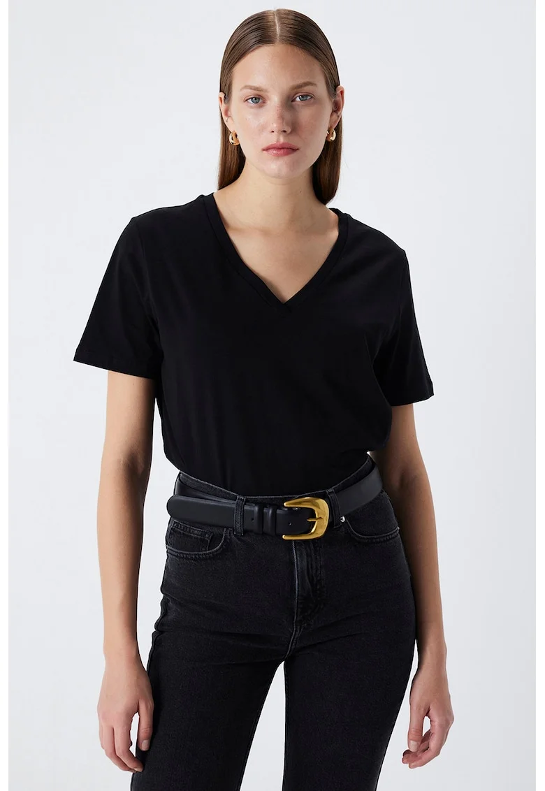 Tricou din bumbac cu decolteu in V, Negru