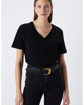 Tricou din bumbac cu decolteu in V, Negru