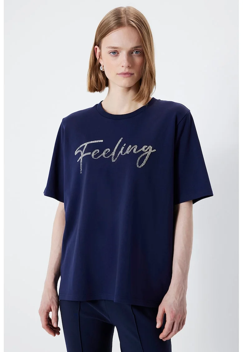 Tricou lejer cu imprimeu text, Bleumarin