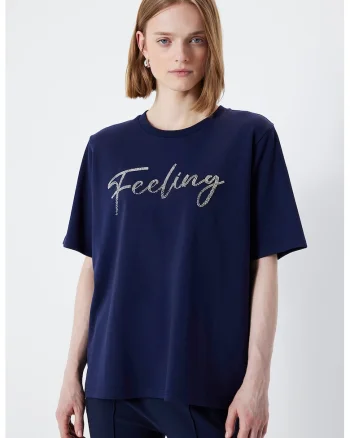Tricou lejer cu imprimeu text, Bleumarin