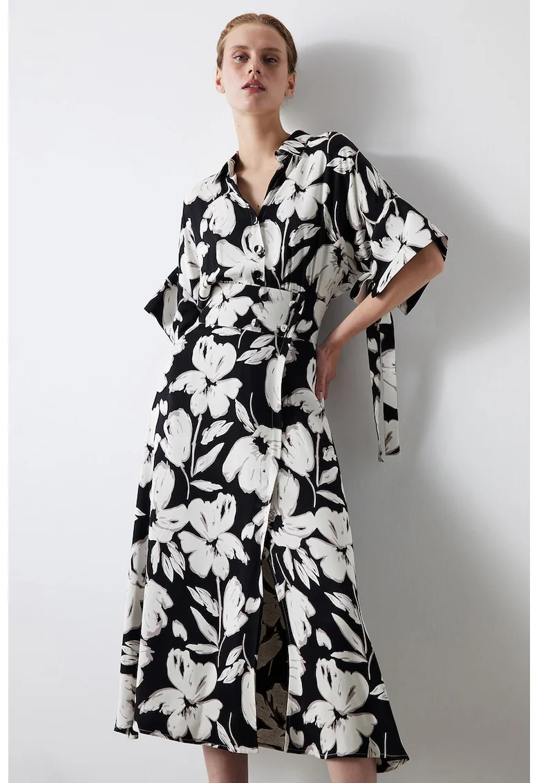 Rochie-chimono cu imprimeu floral, Alb/Negru