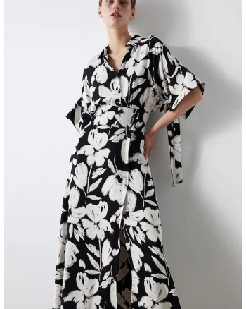 Rochie-chimono cu imprimeu floral, Alb/Negru