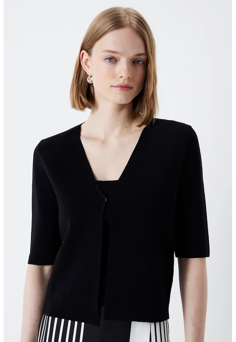 Cardigan cu model uni si decolteu in V, Negru