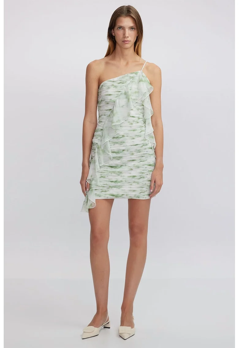 Rochie cu decolteu pe un umar si volane, Alb/Verde