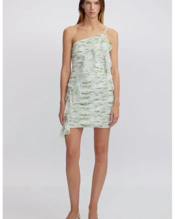 Rochie cu decolteu pe un umar si volane, Alb/Verde