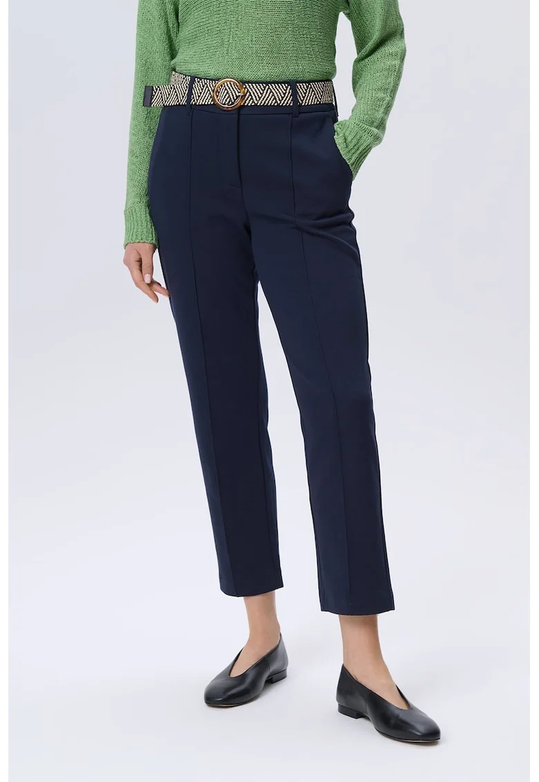 Pantaloni conici din amestec de in cu pensa frontala, Bleumarin