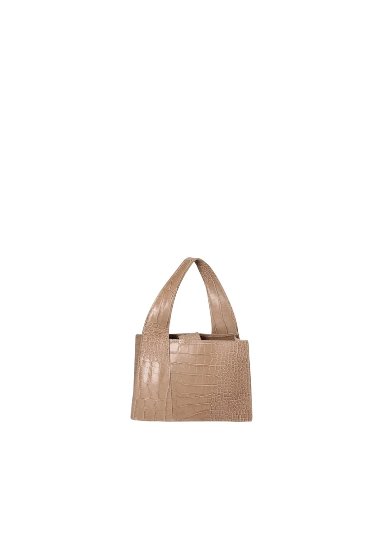 Geanta de piele cu maner si model piele de reptila, Maro taupe