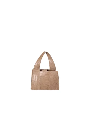 Geanta de piele cu maner si model piele de reptila, Maro taupe