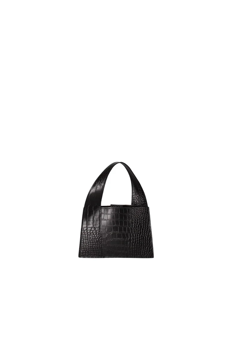 Geanta de piele cu maner si model piele de reptila, Negru