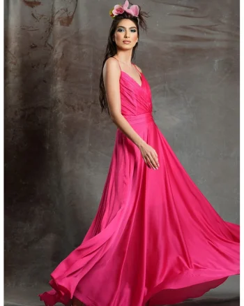Rochie maxi evazata din amestec de matase Acapulco, Roz
