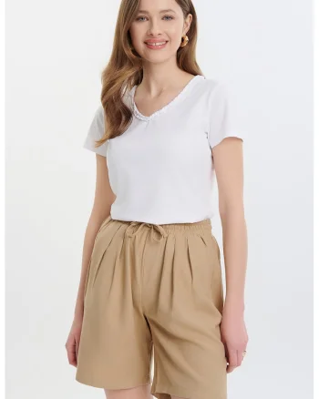 Pantaloni scurti din amestec de in cu snur, Bej inchis