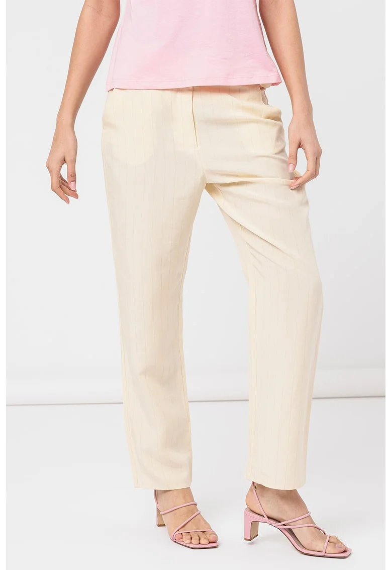 Pantaloni din amestec de lyocell cu model in dungi, Crem