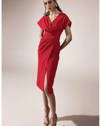 Rochie drapata cu decolteu in V, Rosu