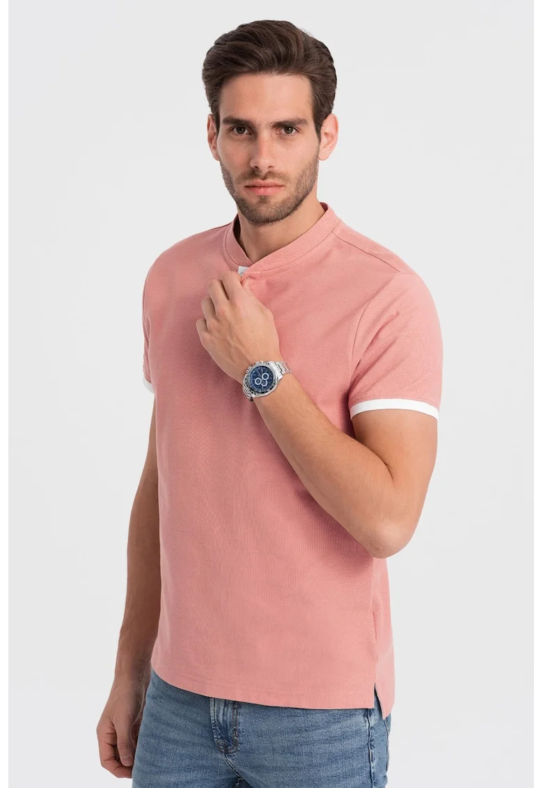 Tricou de bumbac cu fenta cu nasturi, Roz somon