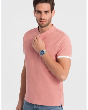 Tricou de bumbac cu fenta cu nasturi, Roz somon