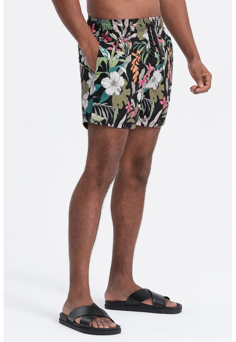 Pantaloni scurti de baie cu model si buzunare laterale, Alb/Verde/Negru