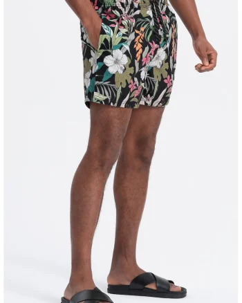 Pantaloni scurti de baie cu model si buzunare laterale, Alb/Verde/Negru
