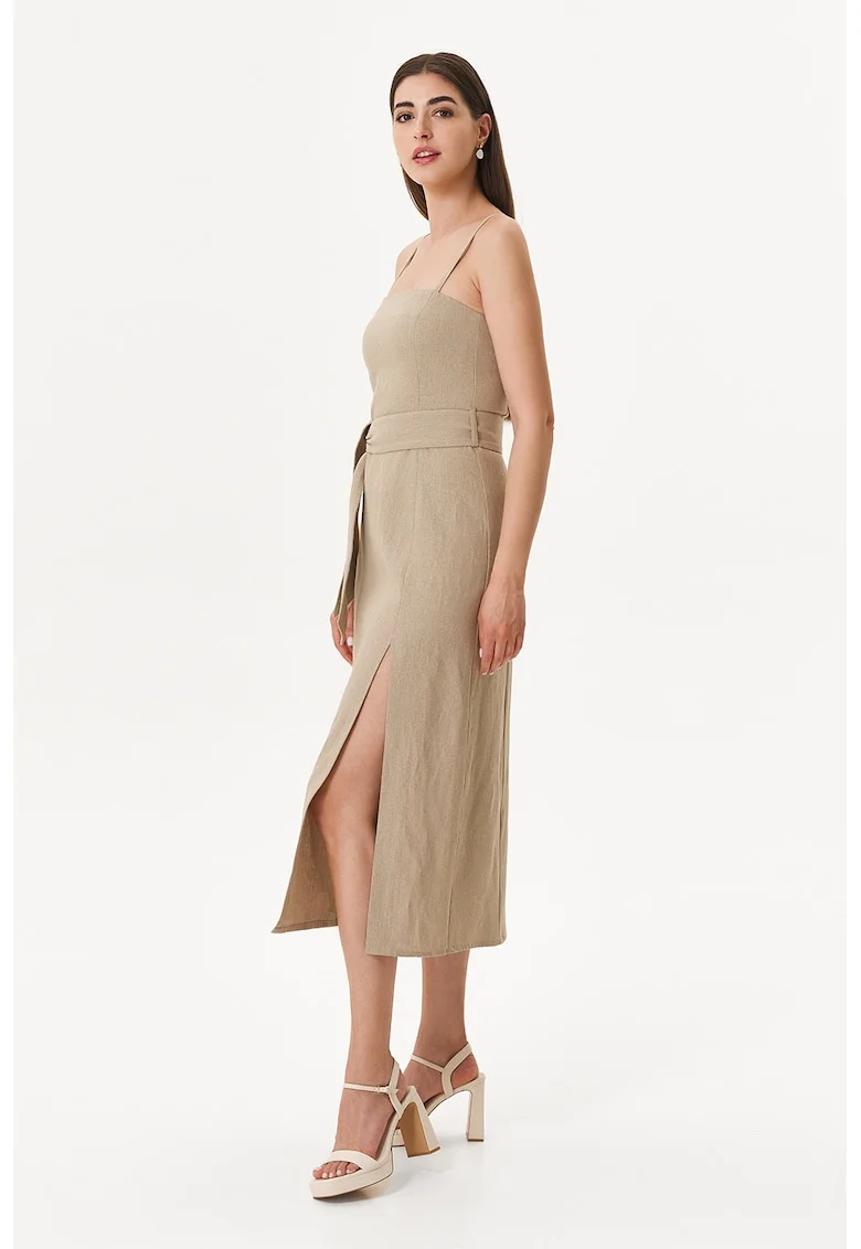 Rochie din amestec de in cu slit lateral, Maro nisip