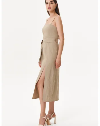 Rochie din amestec de in cu slit lateral, Maro nisip