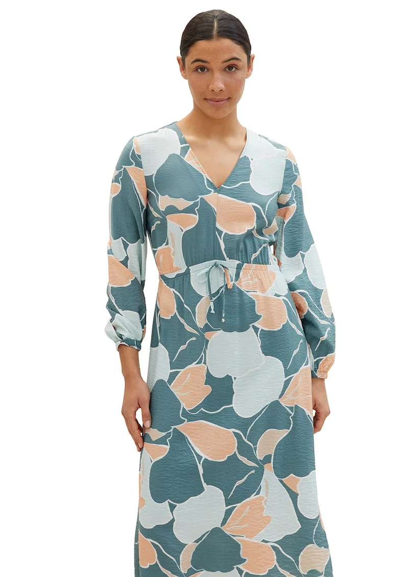 Rochie midi cu decolteu in V si cordon, Portocaliu pal/Albastru