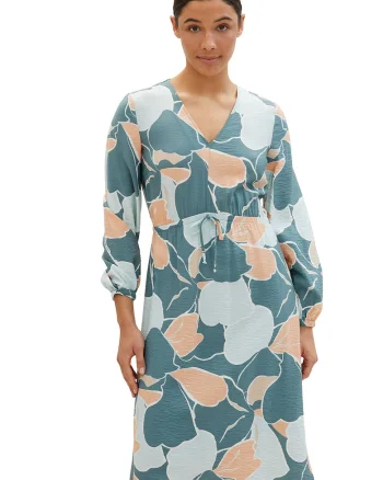 Rochie midi cu decolteu in V si cordon, Portocaliu pal/Albastru