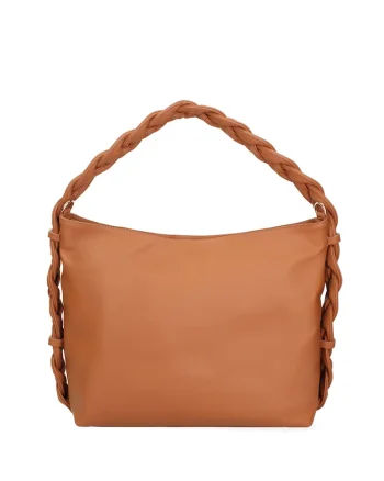 Geanta de piele cu bareta de umar si maner impletit, Maro cognac