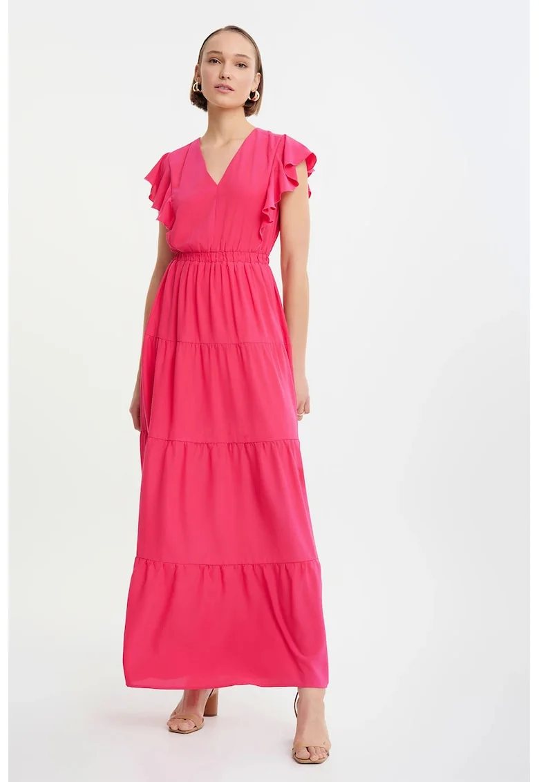 Rochie cu decolteu in V si model stratificat, Roz aprins