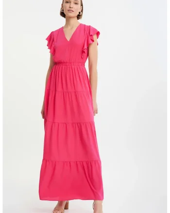 Rochie cu decolteu in V si model stratificat, Roz aprins