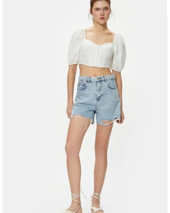 Bluza crop cu maneci bufante, Alb