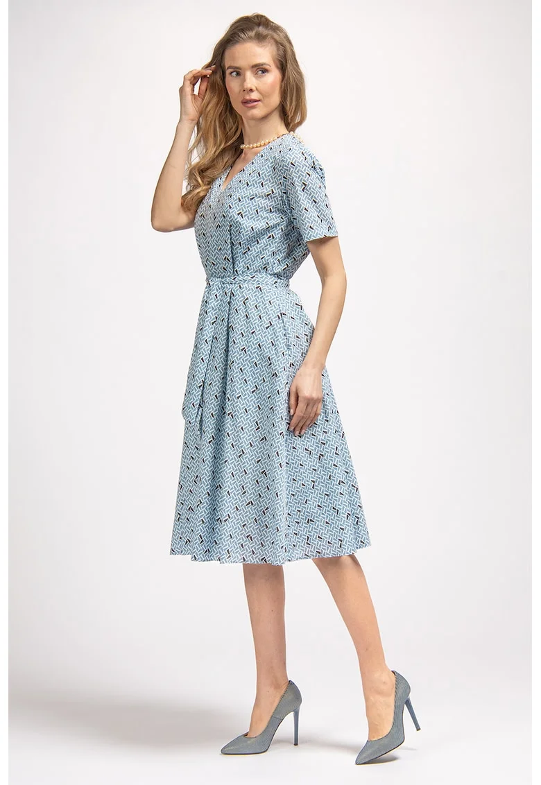 Rochie cu decolteu in V si buzunare laterale, Albastru deschis