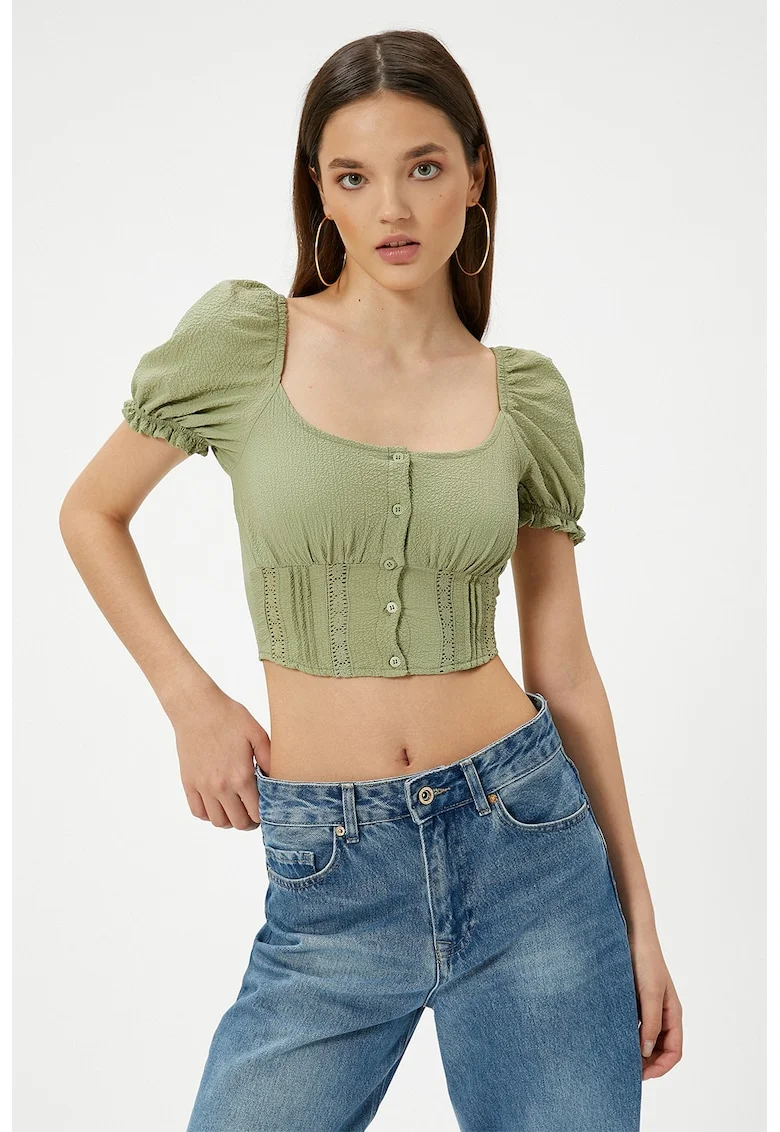 Bluza crop cu detalii cu fronseu, Kaki