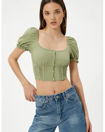 Bluza crop cu detalii cu fronseu, Kaki