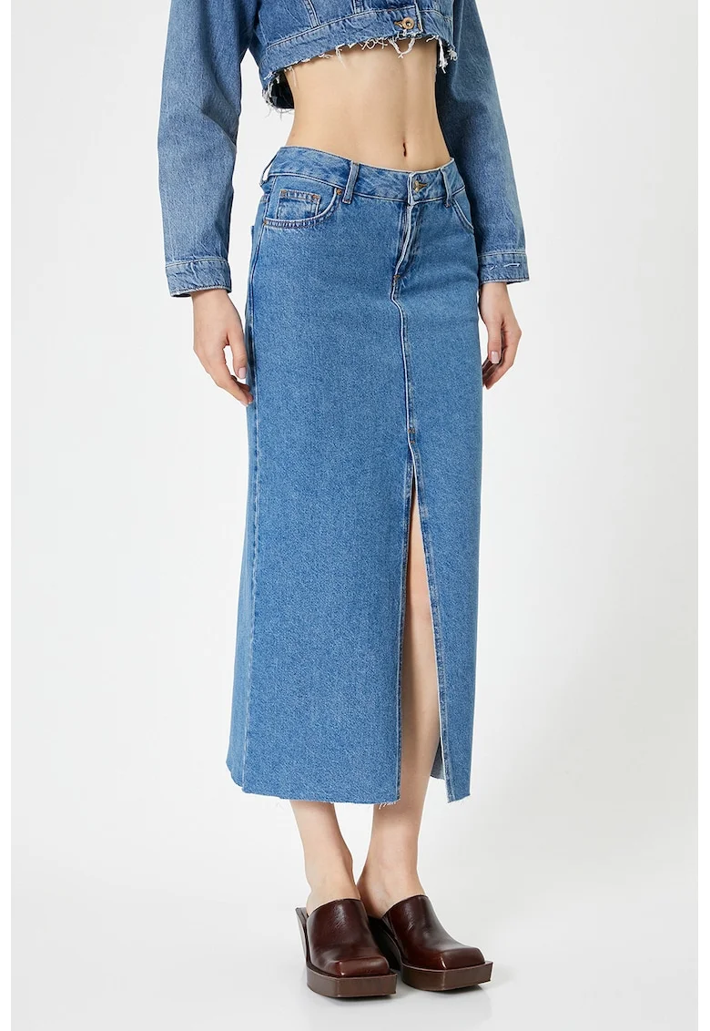 Fusta midi din denim cu slit frontal, Albastru