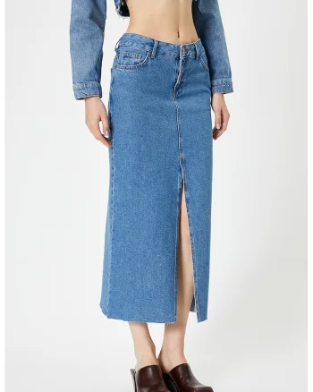 Fusta midi din denim cu slit frontal, Albastru