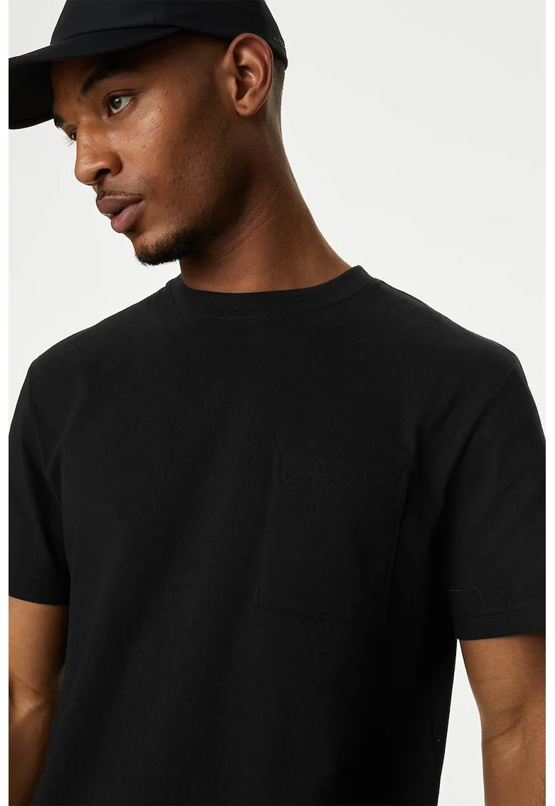 Tricou de bumbac cu buzunar aplicat pe piept, Negru