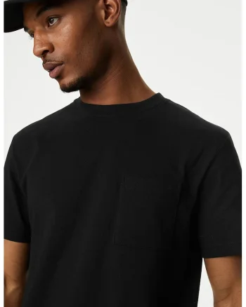 Tricou de bumbac cu buzunar aplicat pe piept, Negru