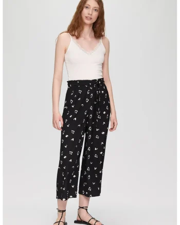 Pantaloni crop cu croiala ampla, Alb/Negru