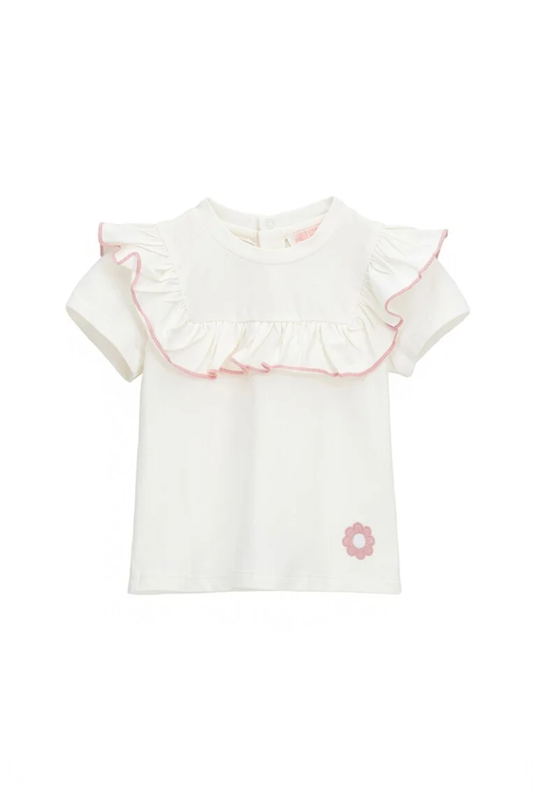 Tricou din amestec de bumbac cu volane, Alb murdar/Roz pal