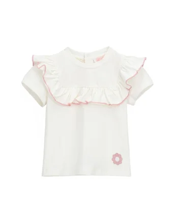 Tricou din amestec de bumbac cu volane, Alb murdar/Roz pal