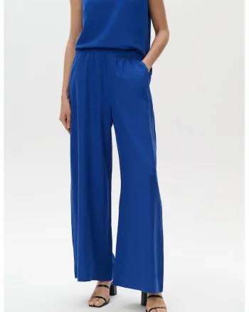 Pantaloni ampli din amestec de in cu talie inalta, Albastru royal
