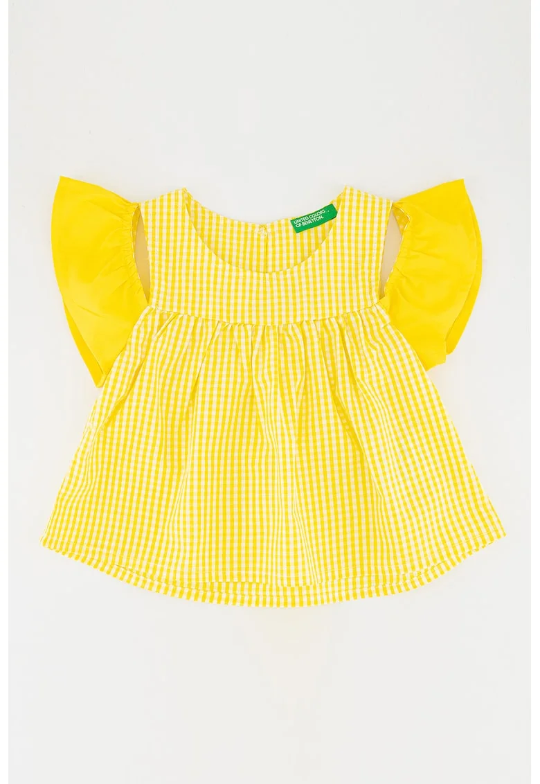 Bluza cu model in carouri si maneci cu volane, Alb/Galben