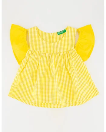 Bluza cu model in carouri si maneci cu volane, Alb/Galben