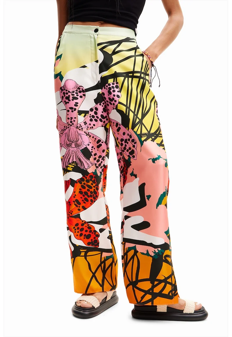 Pantaloni drepti din amestec de matase, Multicolor